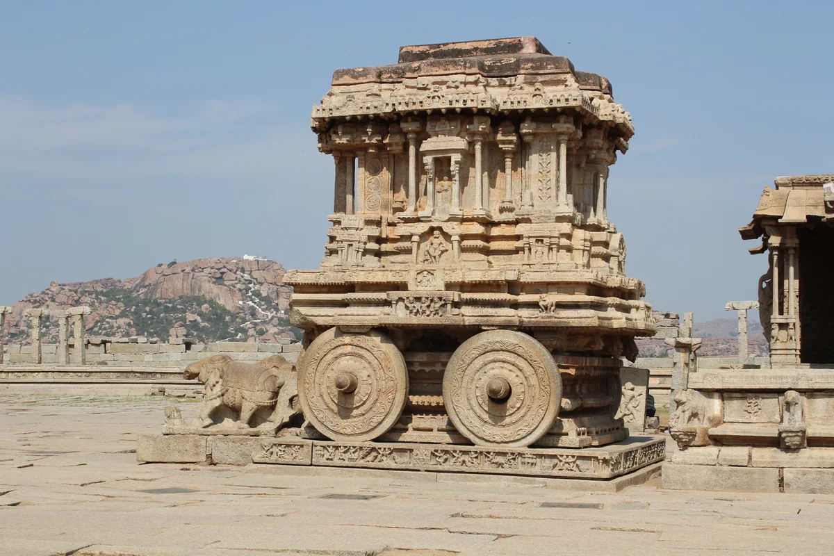 The carved Stone Chariot in the courtyard of Vijaya Vittala Temple, Hampi