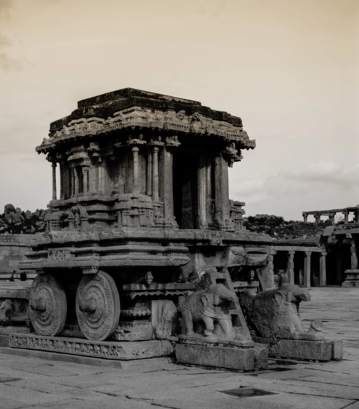 Three-quarter view of the real Stone Chariot at Vijaya Vittala Temple in Hampi